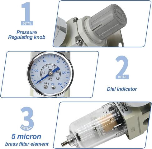 1/4 in. NPT Compressed Air Filter Regulator, Air Compressor Water Separator Combo Piggyback, 5 Micron Brass Element, 0-150 psi Gauge W/Air Coupler＆ Plug Kit, Thread Seal Tape in Saudi Arabia