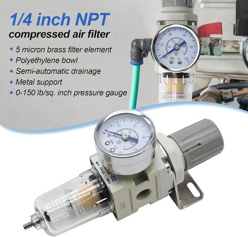 1/4 in. NPT Compressed Air Filter Regulator, Air Compressor Water Separator Combo Piggyback, 5 Micron Brass Element, 0-150 psi Gauge W/Air Coupler＆ Plug Kit, Thread Seal Tape in Saudi Arabia