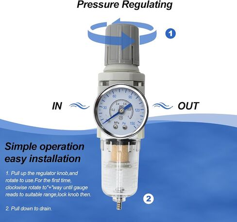 1/4 in. NPT Compressed Air Filter Regulator, Air Compressor Water Separator Combo Piggyback, 5 Micron Brass Element, 0-150 psi Gauge W/Air Coupler＆ Plug Kit, Thread Seal Tape in Saudi Arabia