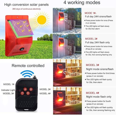 ChunHee Solar Alarm Strobe Light with Remote Control Motion Sensor Detector Outdoor Alarm 129db Sound Security Siren IP65 Waterproof Protected for Villa, Chicken coop, Farm, Yard, 4 Pack in Saudi Arabia