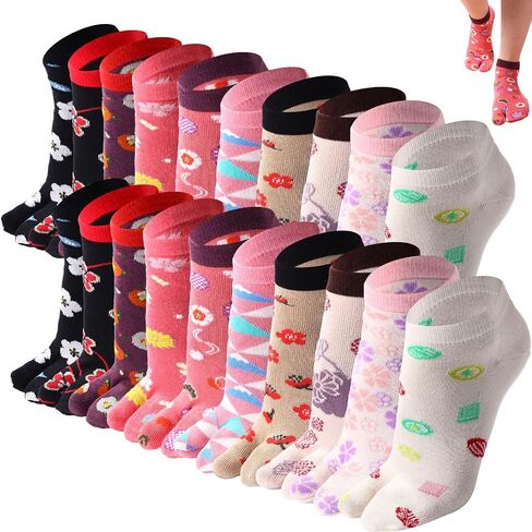 JaGely 10 Pairs Women's Tabi Flip Flop Socks Two Toe Split Toe Socks Athletic Cotton Elastic Ankle Socks Sandal Socks for Women Girls Casual Sandals, 10 Styles in Saudi Arabia