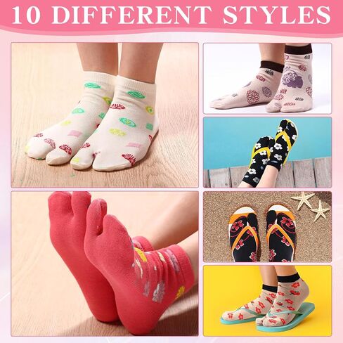 JaGely 10 Pairs Women's Tabi Flip Flop Socks Two Toe Split Toe Socks Athletic Cotton Elastic Ankle Socks Sandal Socks for Women Girls Casual Sandals, 10 Styles in Saudi Arabia