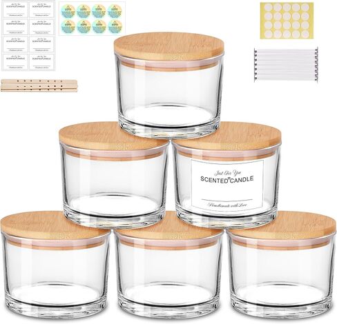 AMOTIE 6 Pack Candle Jars for Making Candles - 16oz Clear Empty Glass Candle Making Jars with Bamboo Lids and Sticky Labels, Bulk Candle Containers, Candle Making Supplies - Dishwasher Safe in Saudi Arabia