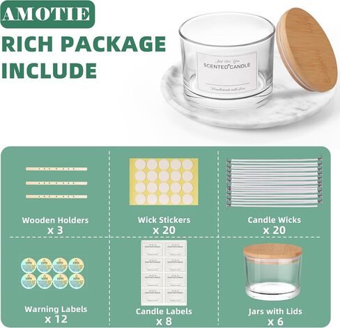 AMOTIE 6 Pack Candle Jars for Making Candles - 16oz Clear Empty Glass Candle Making Jars with Bamboo Lids and Sticky Labels, Bulk Candle Containers, Candle Making Supplies - Dishwasher Safe in Saudi Arabia