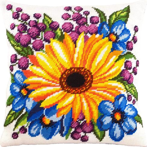 Brvsk Sunflower Among Flowers. Needlepoint Kit. Throw Pillow 16×16 Inches. Printed Tapestry Canvas, European Quality in Saudi Arabia