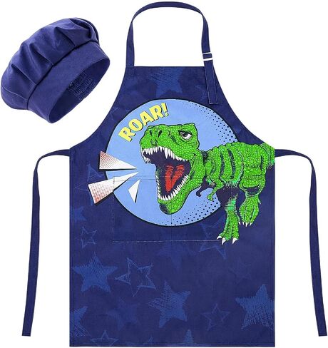 MHJY Kids Apron and Chef Hat for Boys Dinosaur Child Aprons with Pockets,Adjustable Child Apron for Cooking Baking Painting,Navy-Yellow,Small (3-7 Years) in Saudi Arabia