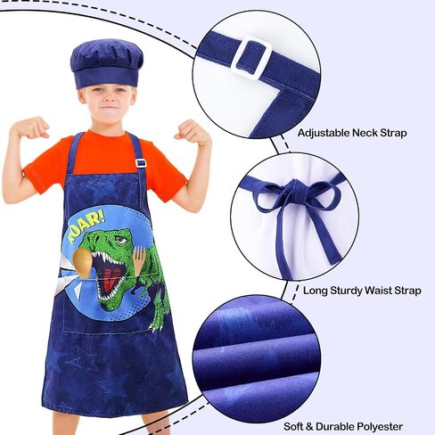 MHJY Kids Apron and Chef Hat for Boys Dinosaur Child Aprons with Pockets,Adjustable Child Apron for Cooking Baking Painting,Navy-Yellow,Small (3-7 Years) in Saudi Arabia