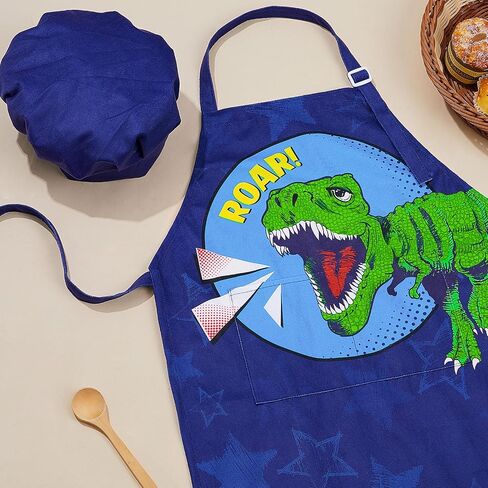 MHJY Kids Apron and Chef Hat for Boys Dinosaur Child Aprons with Pockets,Adjustable Child Apron for Cooking Baking Painting,Navy-Yellow,Small (3-7 Years) in Saudi Arabia