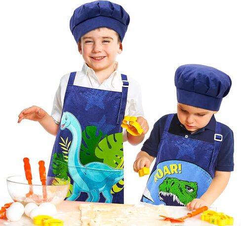 MHJY Kids Apron and Chef Hat for Boys Dinosaur Child Aprons with Pockets,Adjustable Child Apron for Cooking Baking Painting,Navy-Yellow,Small (3-7 Years) in Saudi Arabia