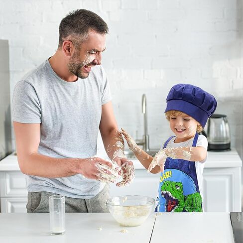 MHJY Kids Apron and Chef Hat for Boys Dinosaur Child Aprons with Pockets,Adjustable Child Apron for Cooking Baking Painting,Navy-Yellow,Small (3-7 Years) in Saudi Arabia