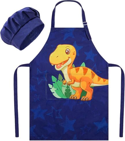 MHJY Kids Apron and Chef Hat for Boys Dinosaur Child Aprons with Pockets,Adjustable Child Apron for Cooking Baking Painting,Navy-Yellow,Small (3-7 Years) in Saudi Arabia