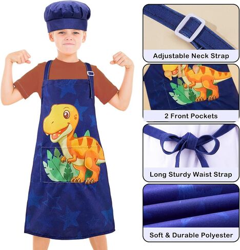 MHJY Kids Apron and Chef Hat for Boys Dinosaur Child Aprons with Pockets,Adjustable Child Apron for Cooking Baking Painting,Navy-Yellow,Small (3-7 Years) in Saudi Arabia
