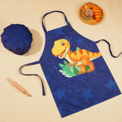 MHJY Kids Apron and Chef Hat for Boys Dinosaur Child Aprons with Pockets,Adjustable Child Apron for Cooking Baking Painting,Navy-Yellow,Small (3-7 Years) in Saudi Arabia
