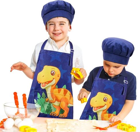 MHJY Kids Apron and Chef Hat for Boys Dinosaur Child Aprons with Pockets,Adjustable Child Apron for Cooking Baking Painting,Navy-Yellow,Small (3-7 Years) in Saudi Arabia