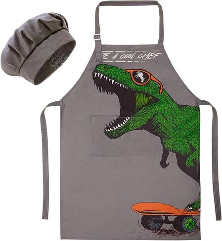 MHJY Kids Apron and Chef Hat for Boys Dinosaur Child Aprons with Pockets,Adjustable Child Apron for Cooking Baking Painting,Navy-Yellow,Small (3-7 Years) in Saudi Arabia