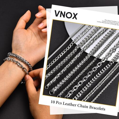 سوار سلسلة فضية من VNOX للرجال - 10 قطع حبل صلب من الفولاذ المقاوم للصدأ/فيجارو/مشبك ورق/وصلة كوبية/مجموعة أساور سلسلة مكتنزة على شكل ثعبان للرجال والنساء والأولاد، مجموعة مجوهرات للرجال in Saudi Arabia