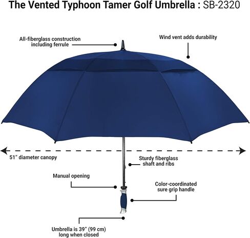 The Typhoon Tamer 62 Inch Vented Windproof Double Canopy Large Golf Umbrella for Rain & Wind, Strong Fiberglass Oversized Lightweight Professional Quality Golfers Umbrella for Men & Women, Navy Blue in Kuwait