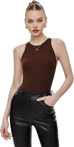 Freehut Sleeveless Bodysuit For Women Double Lined Basic Crew Neck Thong Tops Body Suits in Saudi Arabia