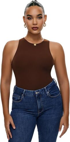 Freehut Sleeveless Bodysuit For Women Double Lined Basic Crew Neck Thong Tops Body Suits in Saudi Arabia