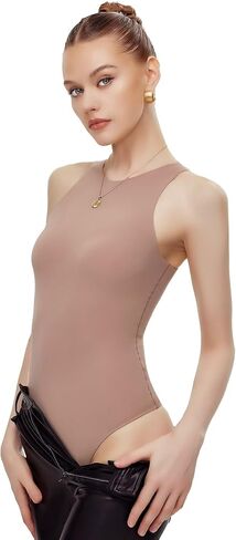 Freehut Sleeveless Bodysuit For Women Double Lined Basic Crew Neck Thong Tops Body Suits in Saudi Arabia