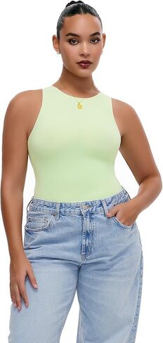 Freehut Sleeveless Bodysuit For Women Double Lined Basic Crew Neck Thong Tops Body Suits in Saudi Arabia