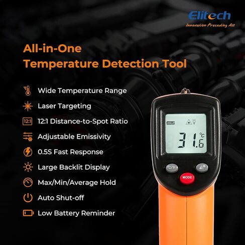 Elitech Infrared Notometer Gun للطهي ، والإصلاحات المنزلية ، ومسدس درجة حرارة الليزر الرقمي غير التلامس مع الإضاءة الخلفية ، والانبعاثات القابلة للتعديل ، -58 ℉ إلى 896 ℉ (-50 ~ 380 درجة مئوية) ، DIT-220 in Kuwait