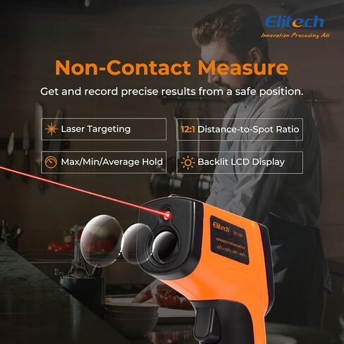 Elitech Infrared Notometer Gun للطهي ، والإصلاحات المنزلية ، ومسدس درجة حرارة الليزر الرقمي غير التلامس مع الإضاءة الخلفية ، والانبعاثات القابلة للتعديل ، -58 ℉ إلى 896 ℉ (-50 ~ 380 درجة مئوية) ، DIT-220 in Kuwait