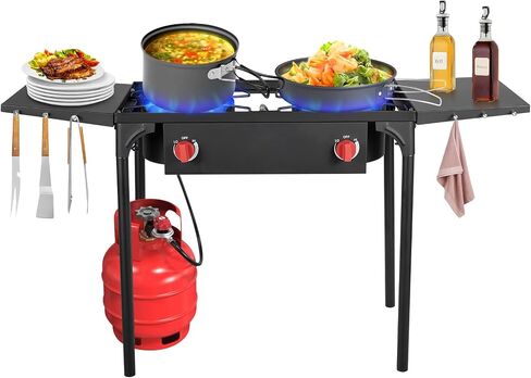 Llamaviva 2 Burner Outdoor Gas Burner with Side Shelves, Auto-ignition & Regulator, 150,000 BTU Propane Outdoor Stoves for Cooking, Camping&BBQ Cookouts in Saudi Arabia