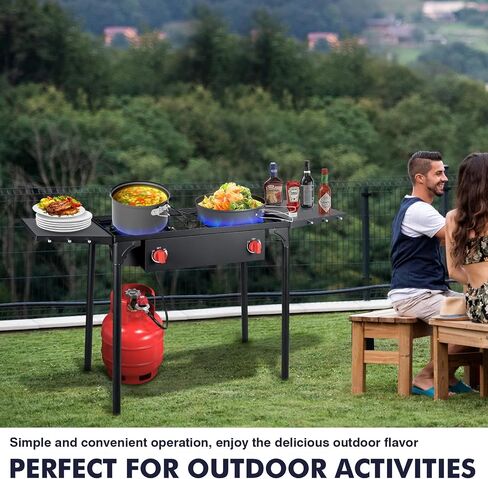 Llamaviva 2 Burner Outdoor Gas Burner with Side Shelves, Auto-ignition & Regulator, 150,000 BTU Propane Outdoor Stoves for Cooking, Camping&BBQ Cookouts in Saudi Arabia