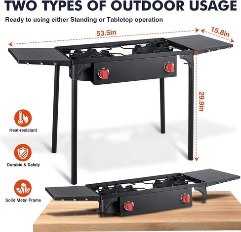 Llamaviva 2 Burner Outdoor Gas Burner with Side Shelves, Auto-ignition & Regulator, 150,000 BTU Propane Outdoor Stoves for Cooking, Camping&BBQ Cookouts in Saudi Arabia