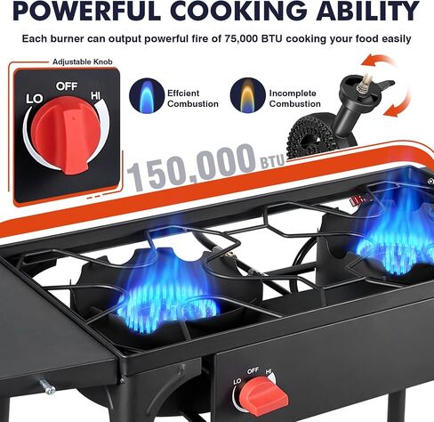 Llamaviva 2 Burner Outdoor Gas Burner with Side Shelves, Auto-ignition & Regulator, 150,000 BTU Propane Outdoor Stoves for Cooking, Camping&BBQ Cookouts in Saudi Arabia