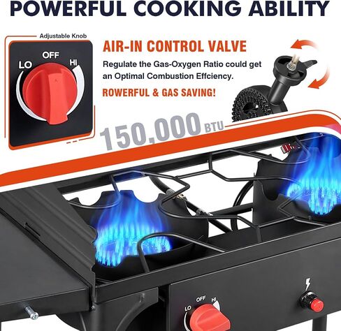 Llamaviva 2 Burner Outdoor Gas Burner with Side Shelves, Auto-ignition & Regulator, 150,000 BTU Propane Outdoor Stoves for Cooking, Camping&BBQ Cookouts in Saudi Arabia
