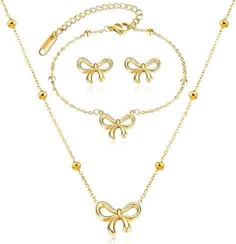 yanchun bow arics netcleace bracelet Gold Gold Jewelry Set Trendy Bowknot Ribbon Pearl ncoker necklace trendy bow mounts المجوهرات الهدايا in Saudi Arabia