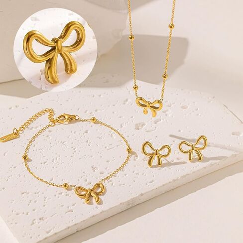 yanchun bow arics netcleace bracelet Gold Gold Jewelry Set Trendy Bowknot Ribbon Pearl ncoker necklace trendy bow mounts المجوهرات الهدايا in Saudi Arabia
