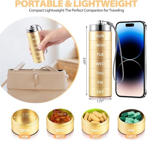 Metal Pill Organizer, Travel Large Weekly Pill Box, Portable Aluminum Alloy Waterproof Pill Case Container, 7 Day Daily Medicine Organizer Holder for Vitamin, Fish Oil, Supplement, Blue in Kuwait