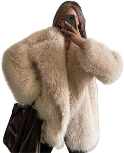 Shaggy Overcoat Outerwear Light Beige Faux Fur Warm Coat Women's Fashion Puffy Fur Jacket Sweater in Saudi Arabia