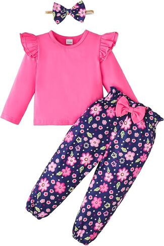 YALLET 3Pcs Toddler Girl Clothes Solid Color Long Sleeves Ruffle Top+Floral Pants+Headband 1-6 Years Fall/Winter Outfits Set in Kuwait