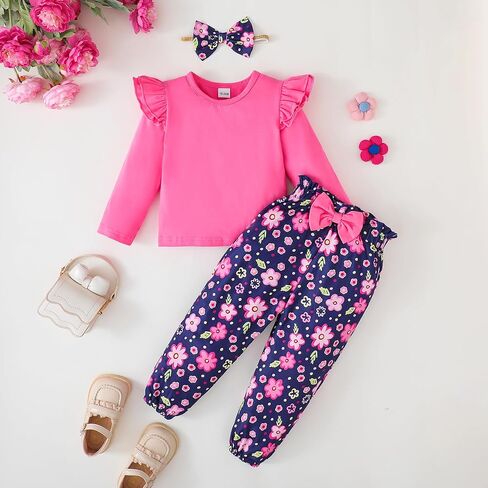 YALLET 3Pcs Toddler Girl Clothes Solid Color Long Sleeves Ruffle Top+Floral Pants+Headband 1-6 Years Fall/Winter Outfits Set in Kuwait