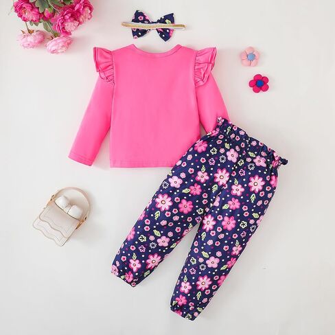 YALLET 3Pcs Toddler Girl Clothes Solid Color Long Sleeves Ruffle Top+Floral Pants+Headband 1-6 Years Fall/Winter Outfits Set in Kuwait