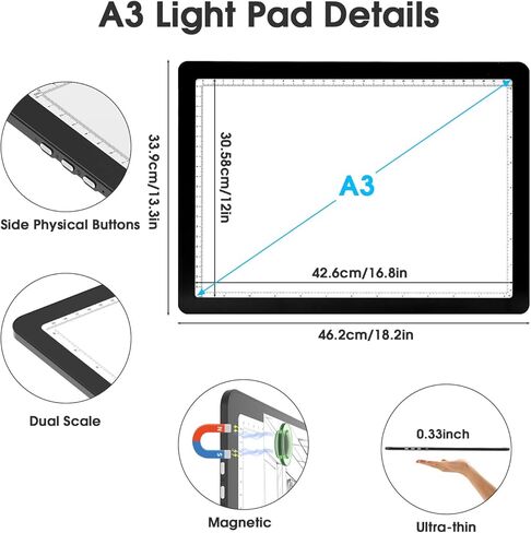 A3 LED Light Pad for Diamond Painting, iVAOOZE 8000+ Lux Adjustable Brightness Tracing Light Box with Stand & UL Adapter, Ultra-Thin Light Board for Weeding Vinyl, Drawing, Animation, Sketching… in Saudi Arabia