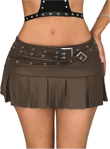 WDIRARA Women's PU Leather Buckle Belted Low Rise Skirt Y2k Pleated Mini Skirt in Saudi Arabia
