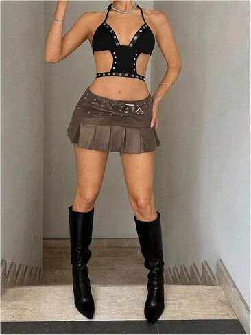 WDIRARA Women's PU Leather Buckle Belted Low Rise Skirt Y2k Pleated Mini Skirt in Saudi Arabia