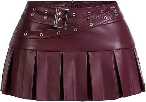 WDIRARA Women's PU Leather Buckle Belted Low Rise Skirt Y2k Pleated Mini Skirt in Saudi Arabia