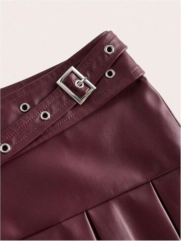 WDIRARA Women's PU Leather Buckle Belted Low Rise Skirt Y2k Pleated Mini Skirt in Saudi Arabia