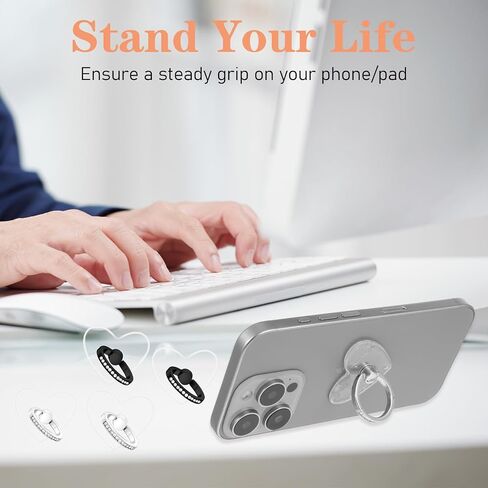 4pcs حلقة الهاتف الخليوي الشفافة ، إعداد الماس ، حامل الحلقة ، حامل ، 360 درجة الدوران 180 درجة قابلة للتعديل للهاتف المحمول ، شكل القلب ، شكل القلب in Kuwait