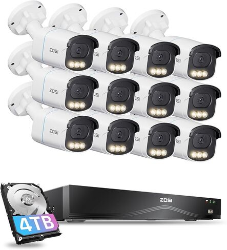 Zosi 4K 8MP 16CH POE Security Camera System ، 8pcs 3K 5MP C186 Aurora Lux True Full Color Light Vision Outdoor Indoor Poe Wired Cameras ، تنبيهات شخص/مركبة ، خفيفة وذرة صفارات الإنذار ، وتحدث في اتجاهين ، مع 4TB HDD in Saudi Arabia