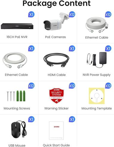 Zosi 4K 8MP 16CH POE Security Camera System ، 8pcs 3K 5MP C186 Aurora Lux True Full Color Light Vision Outdoor Indoor Poe Wired Cameras ، تنبيهات شخص/مركبة ، خفيفة وذرة صفارات الإنذار ، وتحدث في اتجاهين ، مع 4TB HDD in Saudi Arabia