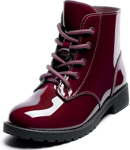 Girls Dress Boots Waterproof Combat Boots Lace Up Side Zipper Patent Ankle Booties for Toddler/Little Kid in Kuwait