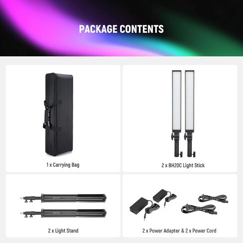 Neewer 2-Pack RGB LED Light Stick Kit, 21W Dimmable 3200K~5600K Bi-Color Handheld Light with 2.4G Remote/360° Full Color/CRI 95+/10 Scenes/Stand/Bag for YouTube and Studio Photography in Saudi Arabia