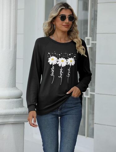 eadinve نساء Crewneck Daisy طباعة بلوزات طويلة الأكمام in Kuwait